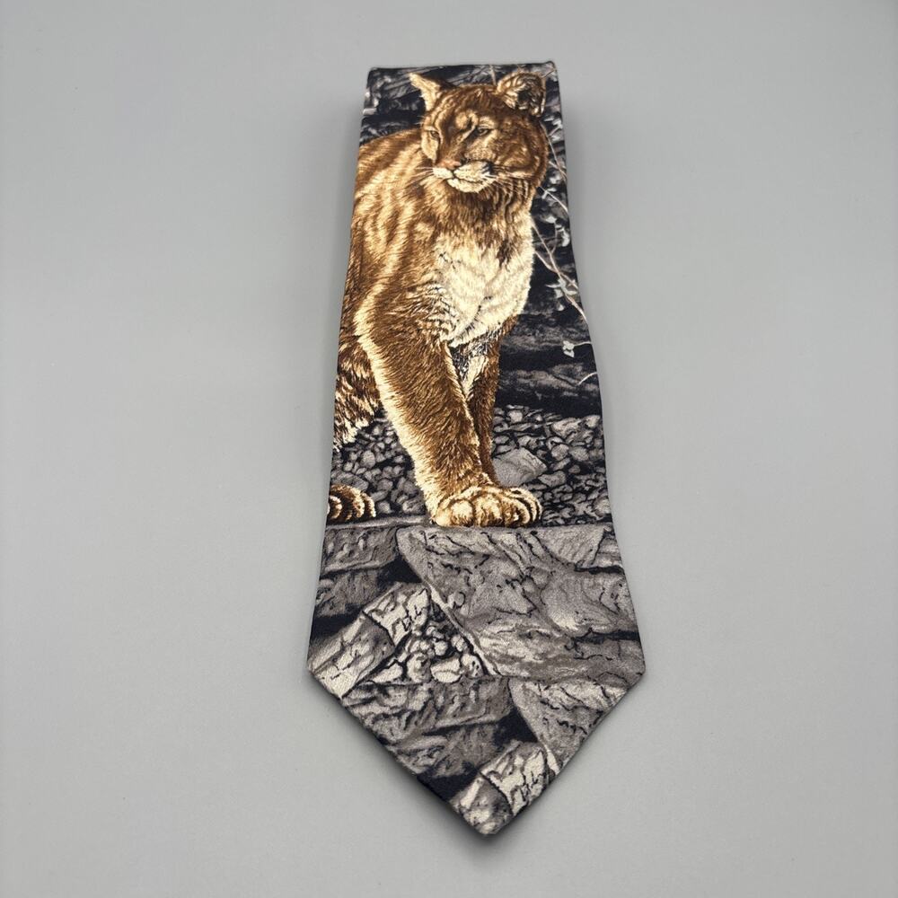 Endangered Species Big Cat Florida Panther Bobcat Mountain Lion Tie 100% Silk